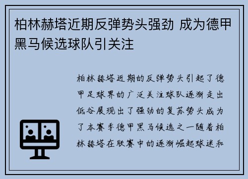 柏林赫塔近期反弹势头强劲 成为德甲黑马候选球队引关注
