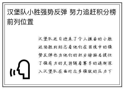 汉堡队小胜强势反弹 努力追赶积分榜前列位置