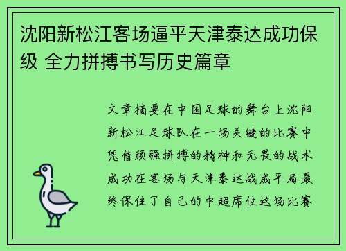 沈阳新松江客场逼平天津泰达成功保级 全力拼搏书写历史篇章