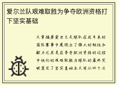 爱尔兰队艰难取胜为争夺欧洲资格打下坚实基础