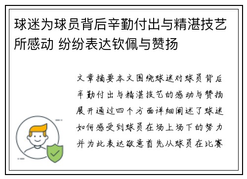 球迷为球员背后辛勤付出与精湛技艺所感动 纷纷表达钦佩与赞扬
