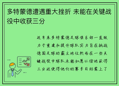多特蒙德遭遇重大挫折 未能在关键战役中收获三分