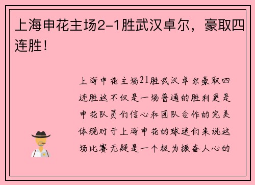 上海申花主场2-1胜武汉卓尔，豪取四连胜！