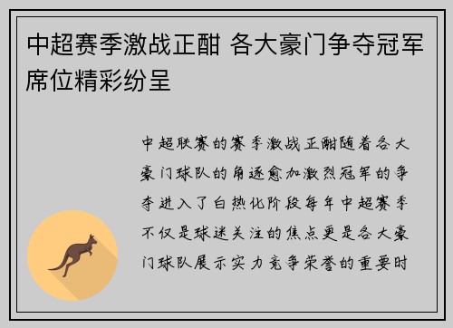 中超赛季激战正酣 各大豪门争夺冠军席位精彩纷呈