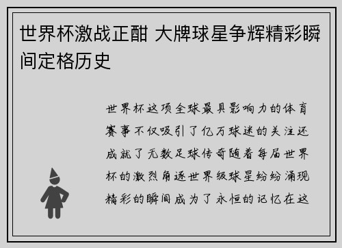 世界杯激战正酣 大牌球星争辉精彩瞬间定格历史