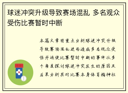 球迷冲突升级导致赛场混乱 多名观众受伤比赛暂时中断