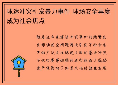 球迷冲突引发暴力事件 球场安全再度成为社会焦点