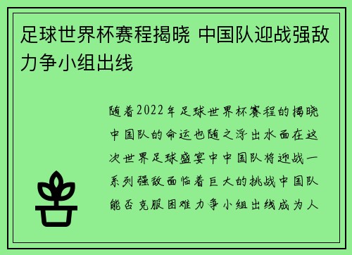 足球世界杯赛程揭晓 中国队迎战强敌力争小组出线