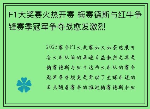 F1大奖赛火热开赛 梅赛德斯与红牛争锋赛季冠军争夺战愈发激烈